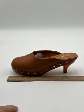 FSJ Brown Round Closed Toe Mules Wooden Kitten Heel Trendy Slide Sandals